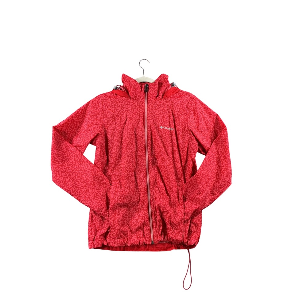 Columbia Womens Red Floral Print Hooded Windbreaker Jacket Size M Full Zip 1865